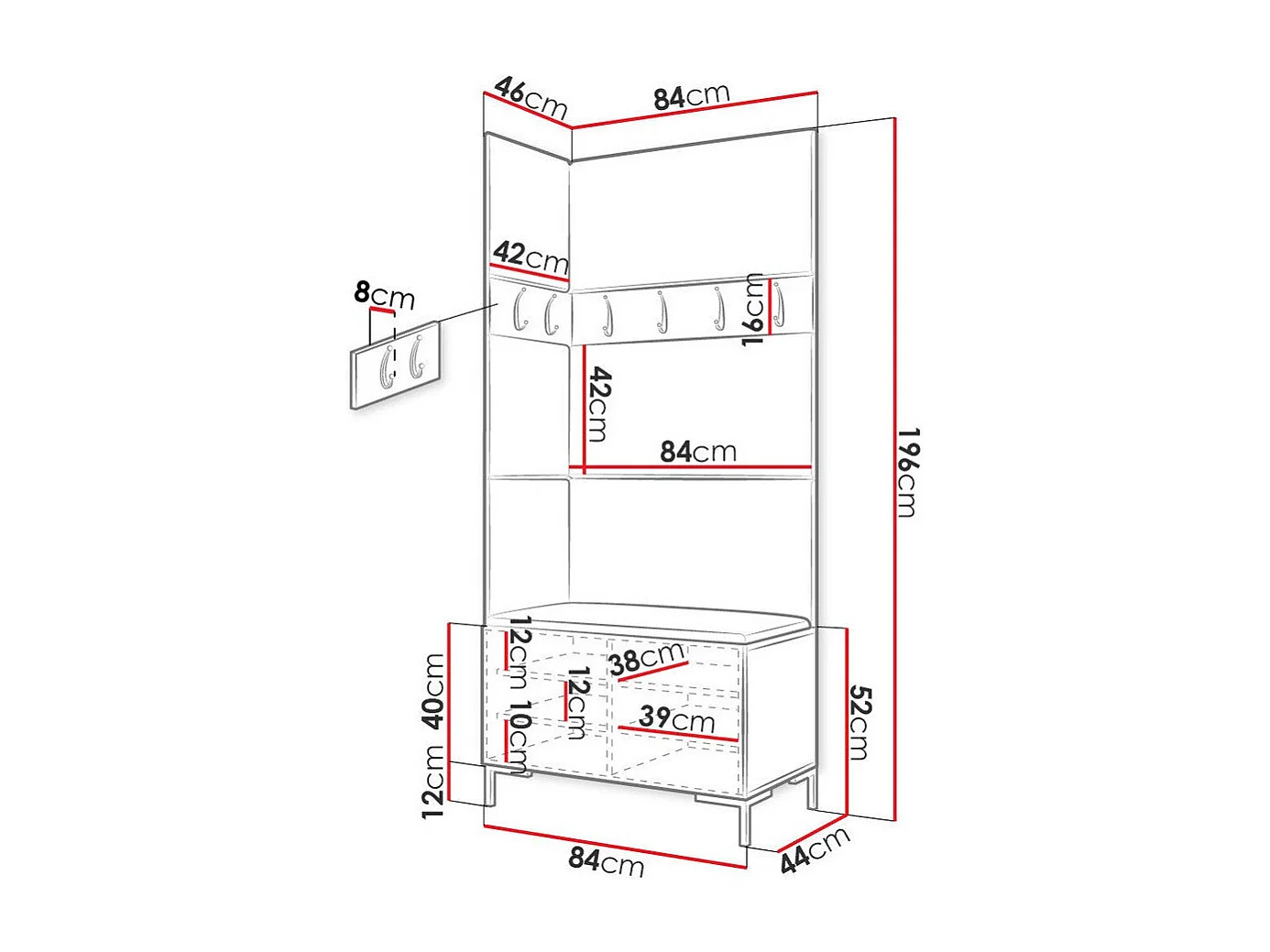 Meuble d'entrée Tivsoa 103, 196x84x46cm, Noir, Stratifié|Faux cuir, Murale|À poser