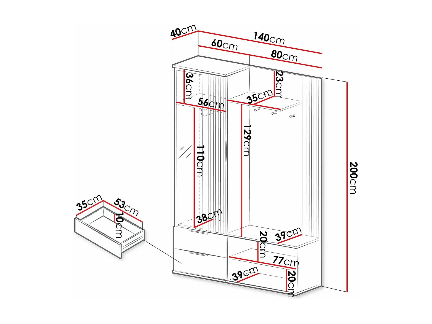 Meuble d'entrée Honolulu 238, 200x140x40cm, Disponible, Chêne wotan|Noir, Stratifié
