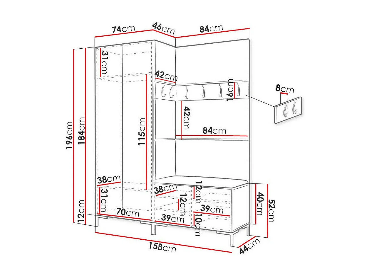 Meuble d'entrée Tivsoa 107, 196x158x46cm, Disponible, Blanc, Faux cuir|Stratifié
