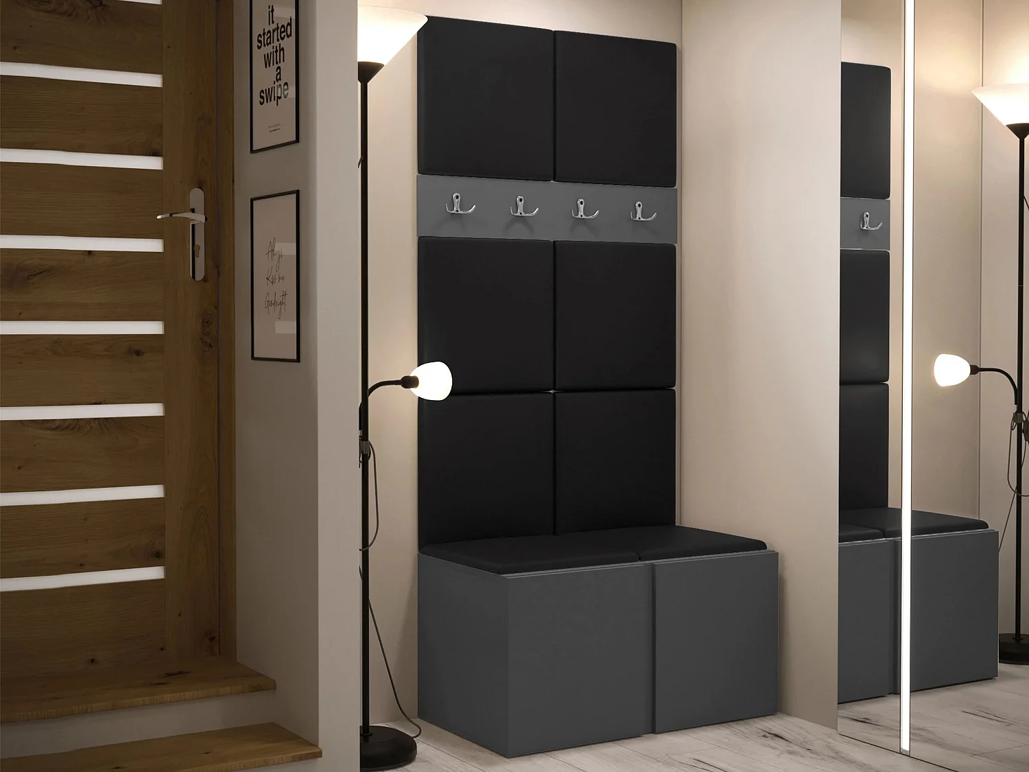 Meuble d'entrée Pinis IV, 186x84x46cm, Graphite, Stratifié|Faux cuir, À poser|Murale