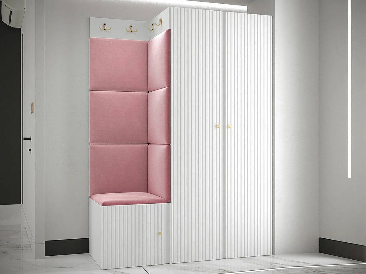 Meuble d'entrée Hartford 387, 186x116x46cm, Blanc|Rose, Tissu|MDF|Stratifié