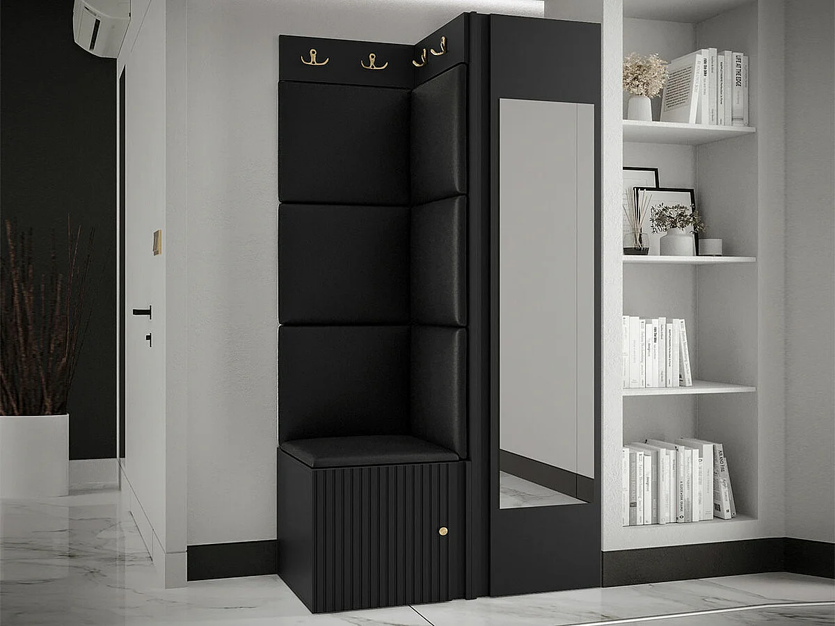 Meuble d'entrée Hartford 391, 186x82x46cm, Disponible, Noir, Stratifié|Faux cuir|MDF