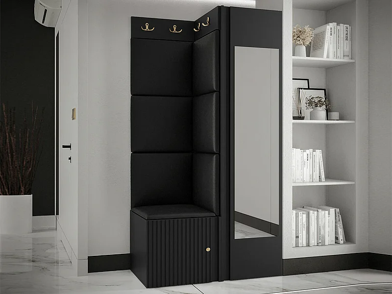 Meuble d'entrée Hartford 391, 186x82x46cm, Disponible, Noir, Stratifié|Faux cuir|MDF