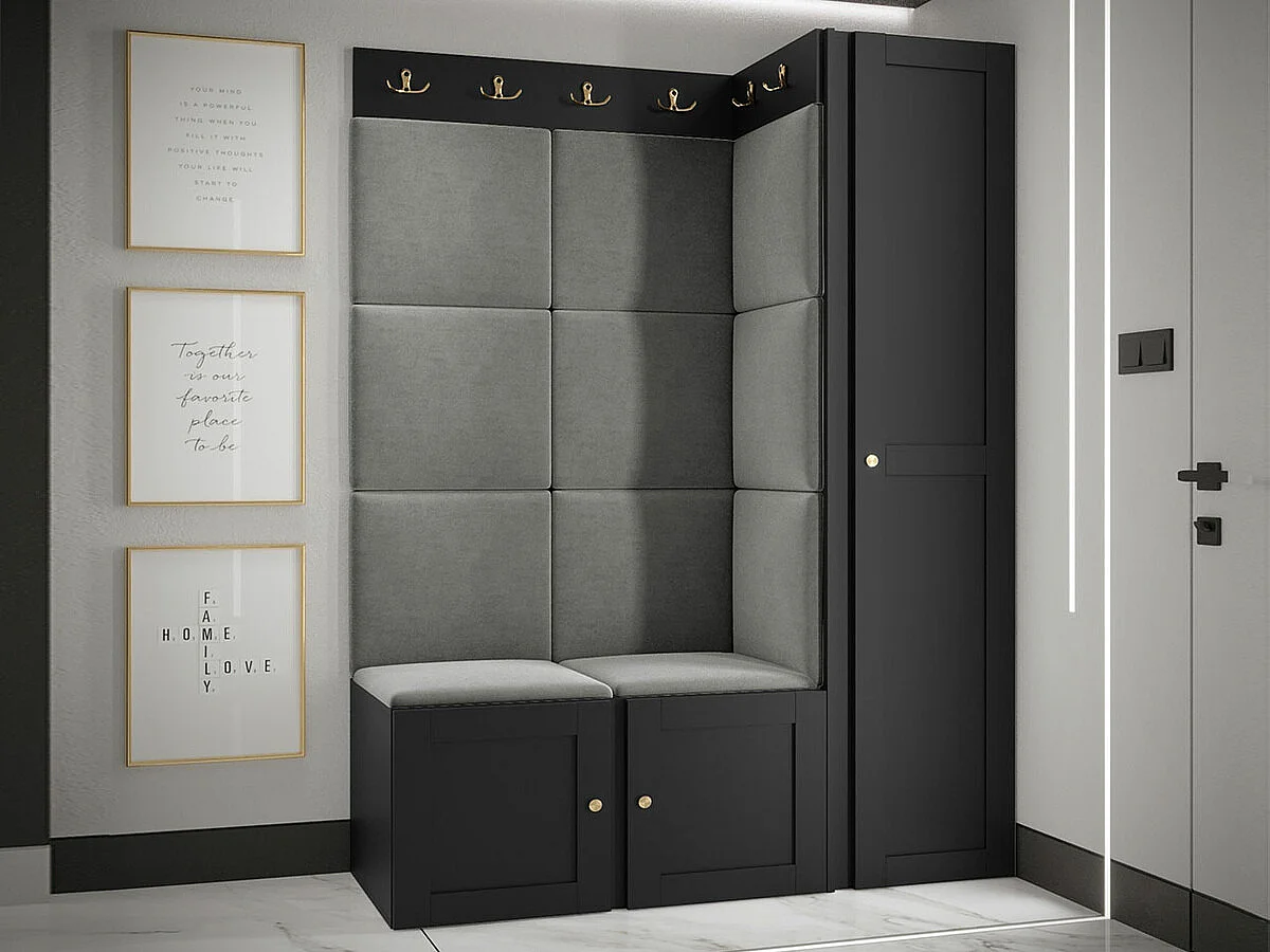 Meuble d'entrée Hartford 377, 186x124x46cm, Gris|Noir, MDF|Stratifié|Tissu