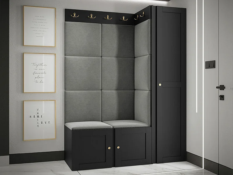 Meuble d'entrée Hartford 377, 186x124x46cm, Gris|Noir, Stratifié|Tissu|MDF