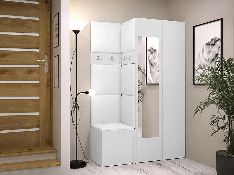 Meuble d'entrée Hartford 350, 186x116x44cm, Disponible, Blanc, Faux cuir|Stratifié