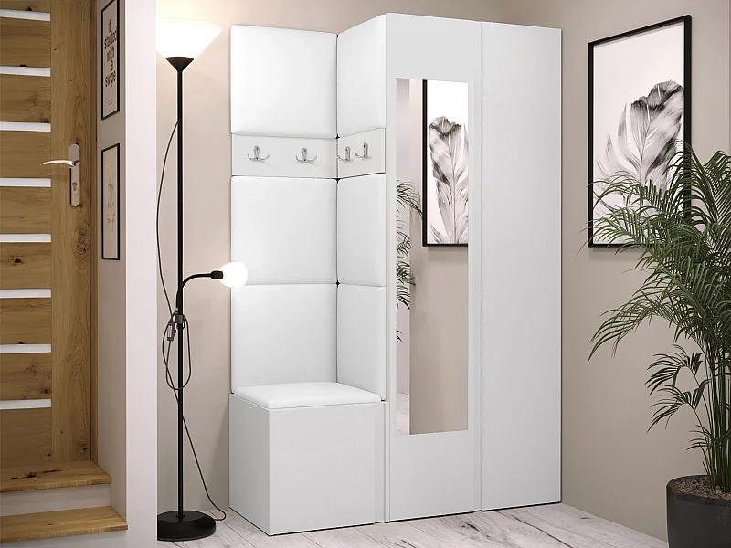 Meuble d'entrée Hartford 350, 186x116x46cm, Disponible, Blanc, Stratifié|Faux cuir