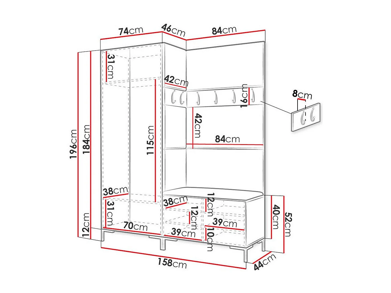 Meuble d'entrée Tivsoa 100, 196x158x44cm, Blanc, Faux cuir|Stratifié, Murale|À poser