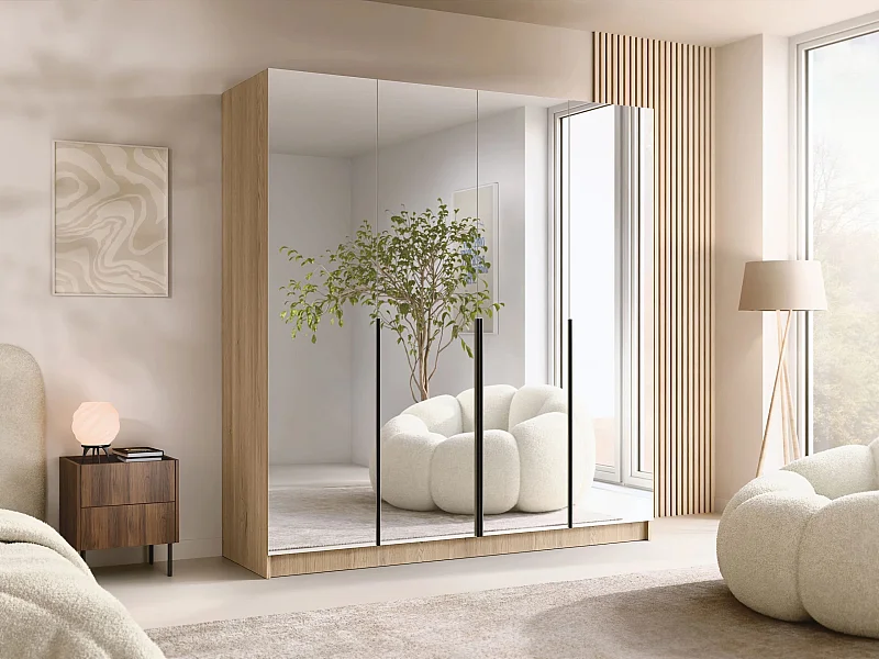 Armoire Closico 190, Noir|Clair bois, 215x200x58cm, Portes d'armoire: Avec des charnières