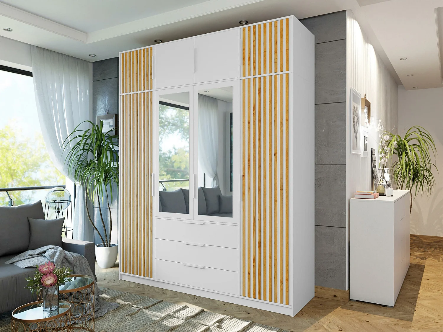 Armoire Enolevo 108, Chêne wotan|Blanc, 200x196x58cm