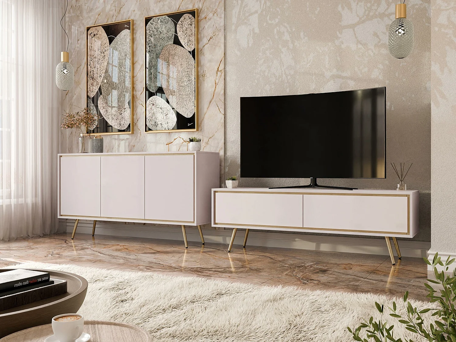 Buffet Providence 190, Doré|Cachemire, 80x150x40cm, Stratifié