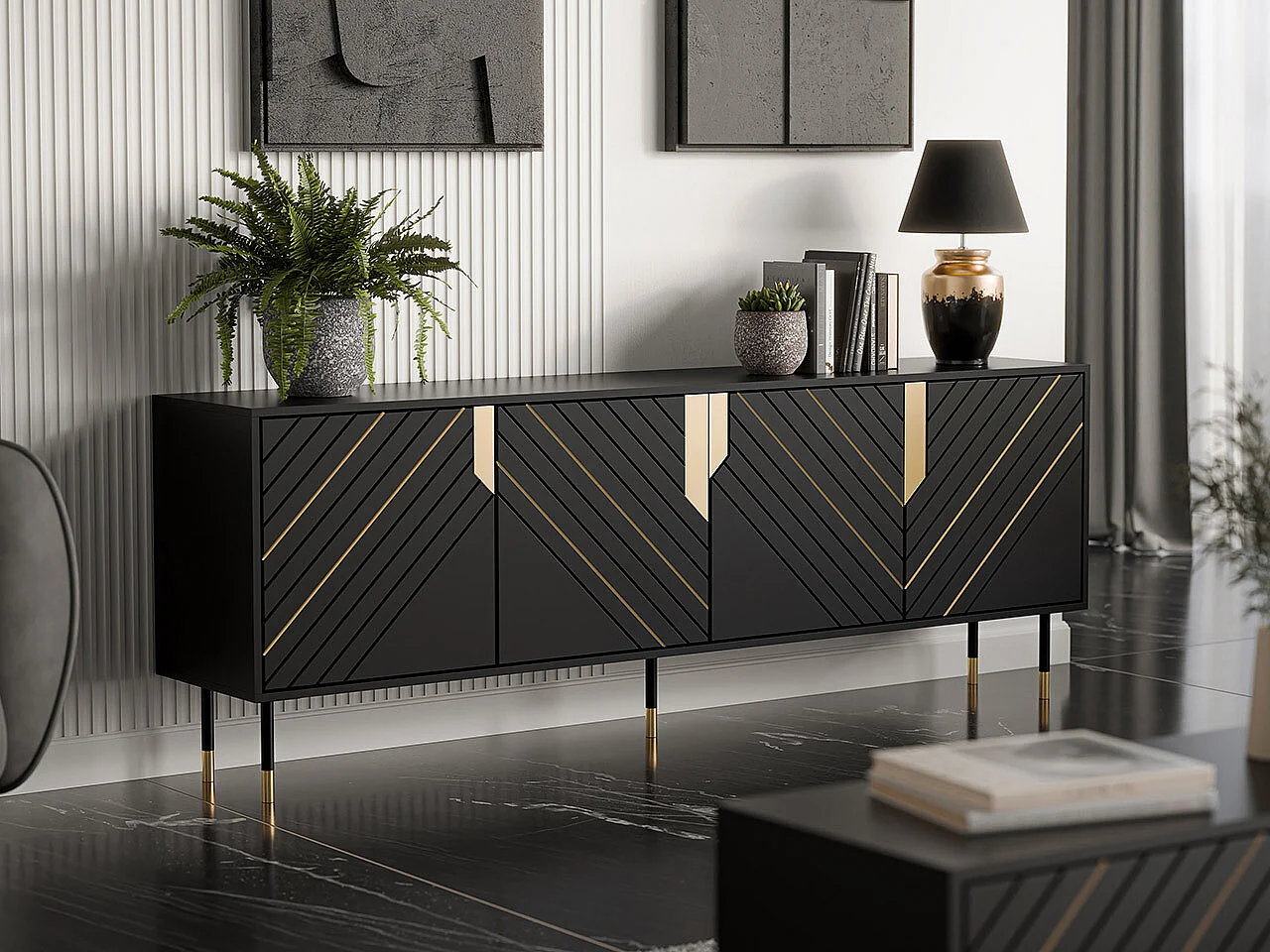 Buffet Elmteo 101, Doré|Noir, 72x204x40cm, Stratifié|MDF