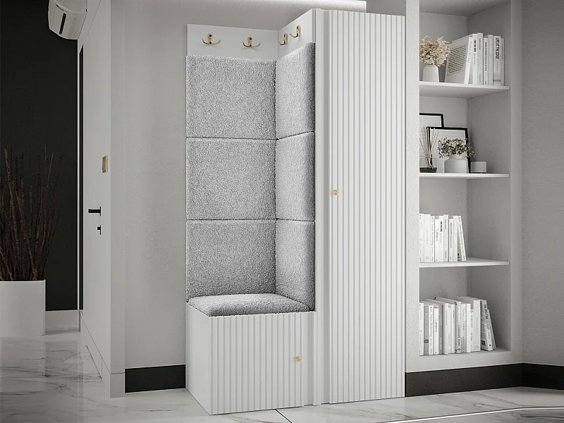 Meuble d'entrée Hartford 390, 186x82x46cm, Blanc|Gris clair, Tissu|Stratifié