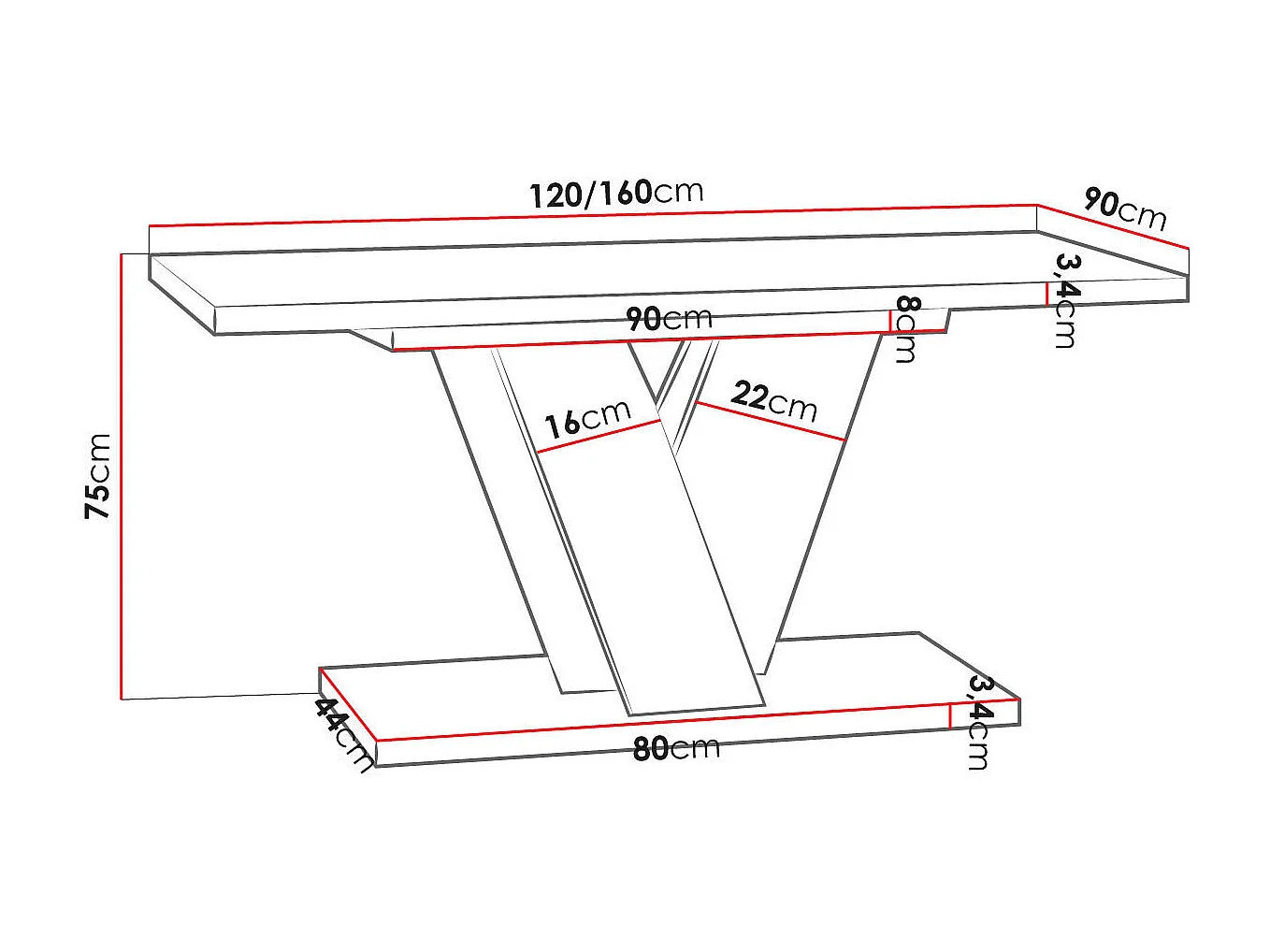 Table Goodyear 125, Noir|Gris, 75x90x120cm, Disponible, Stratifié