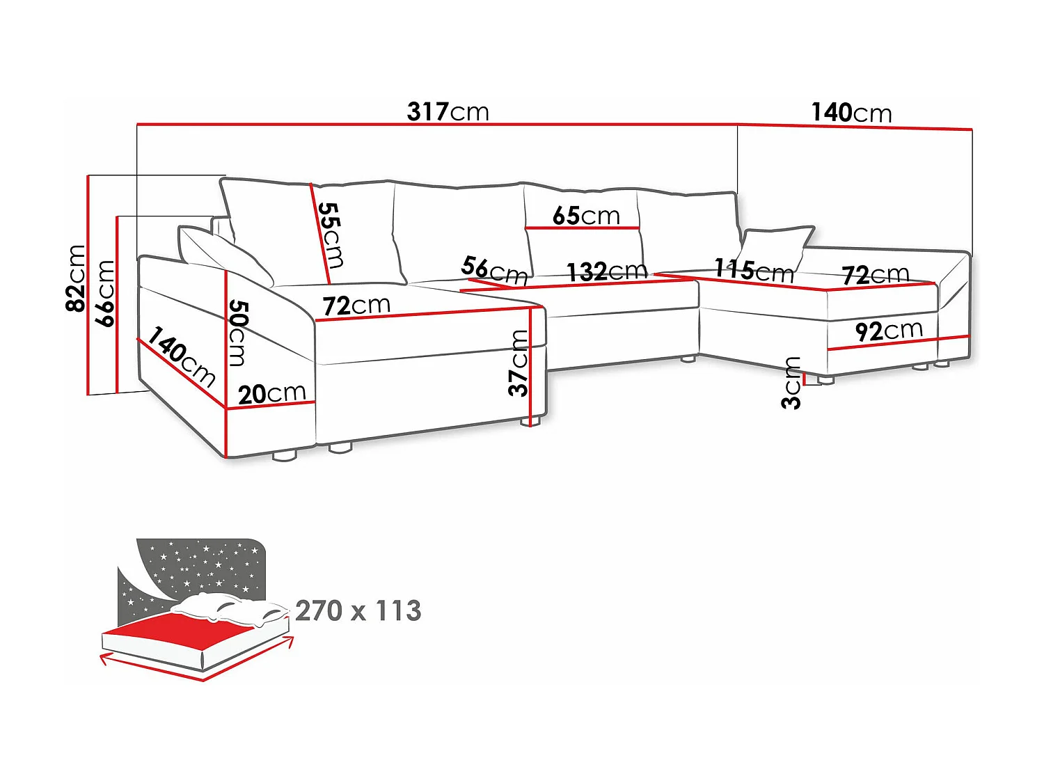 Canapé d'angle Memphis 131, Gris, Disponible, 317x140x82cm