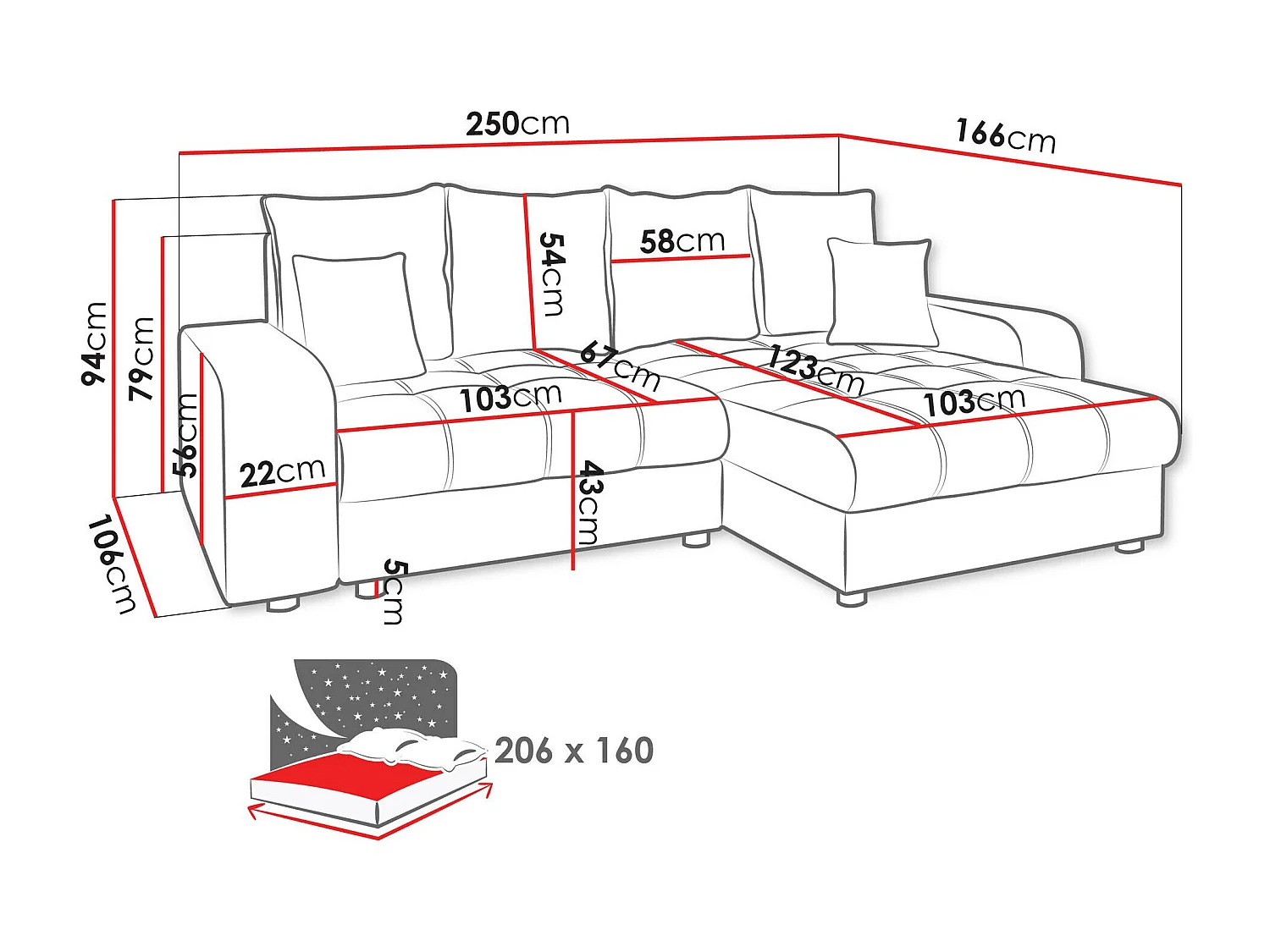 Canapé d'angle Sanford 102, Gris, Disponible, 250x166x94cm