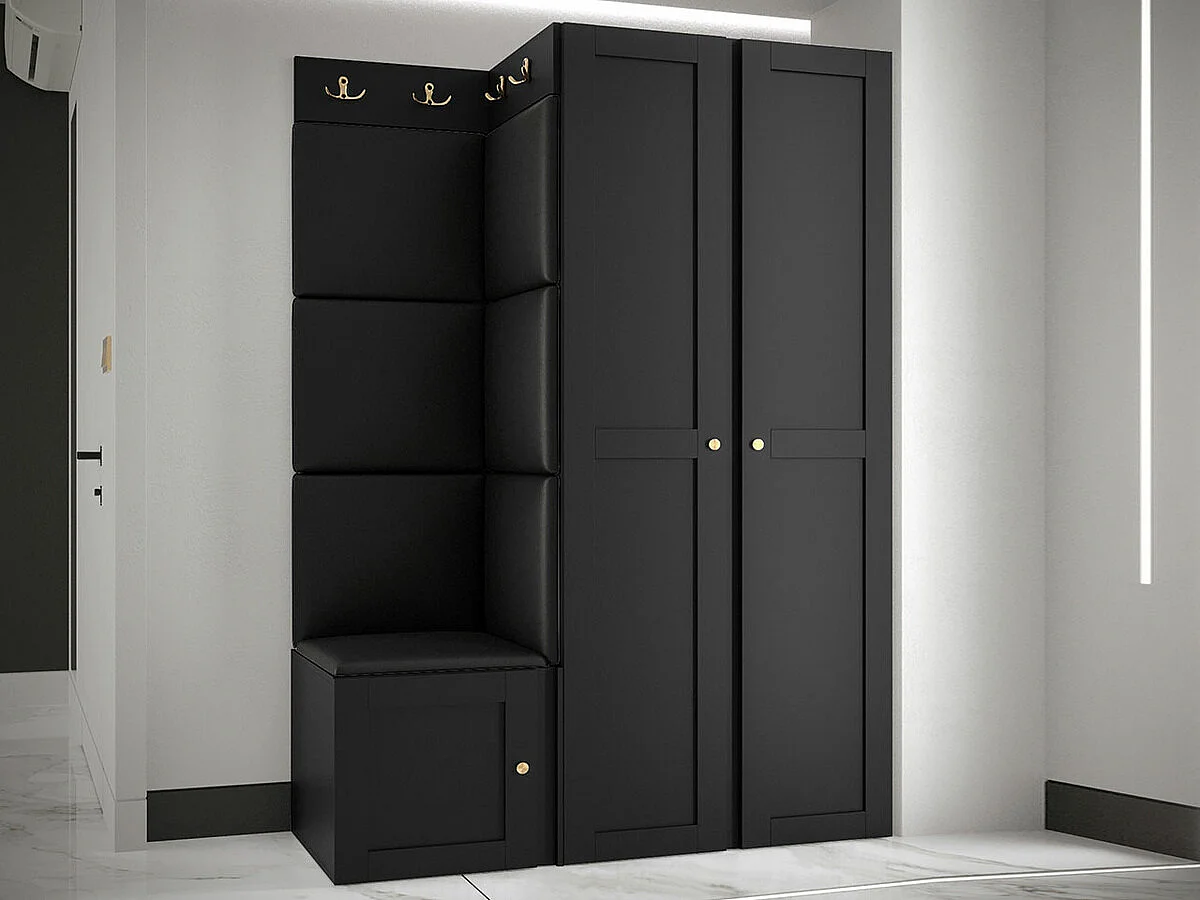 Meuble d'entrée Hartford 379, 186x116x46cm, Noir, Stratifié|Faux cuir|MDF, Murale|À poser