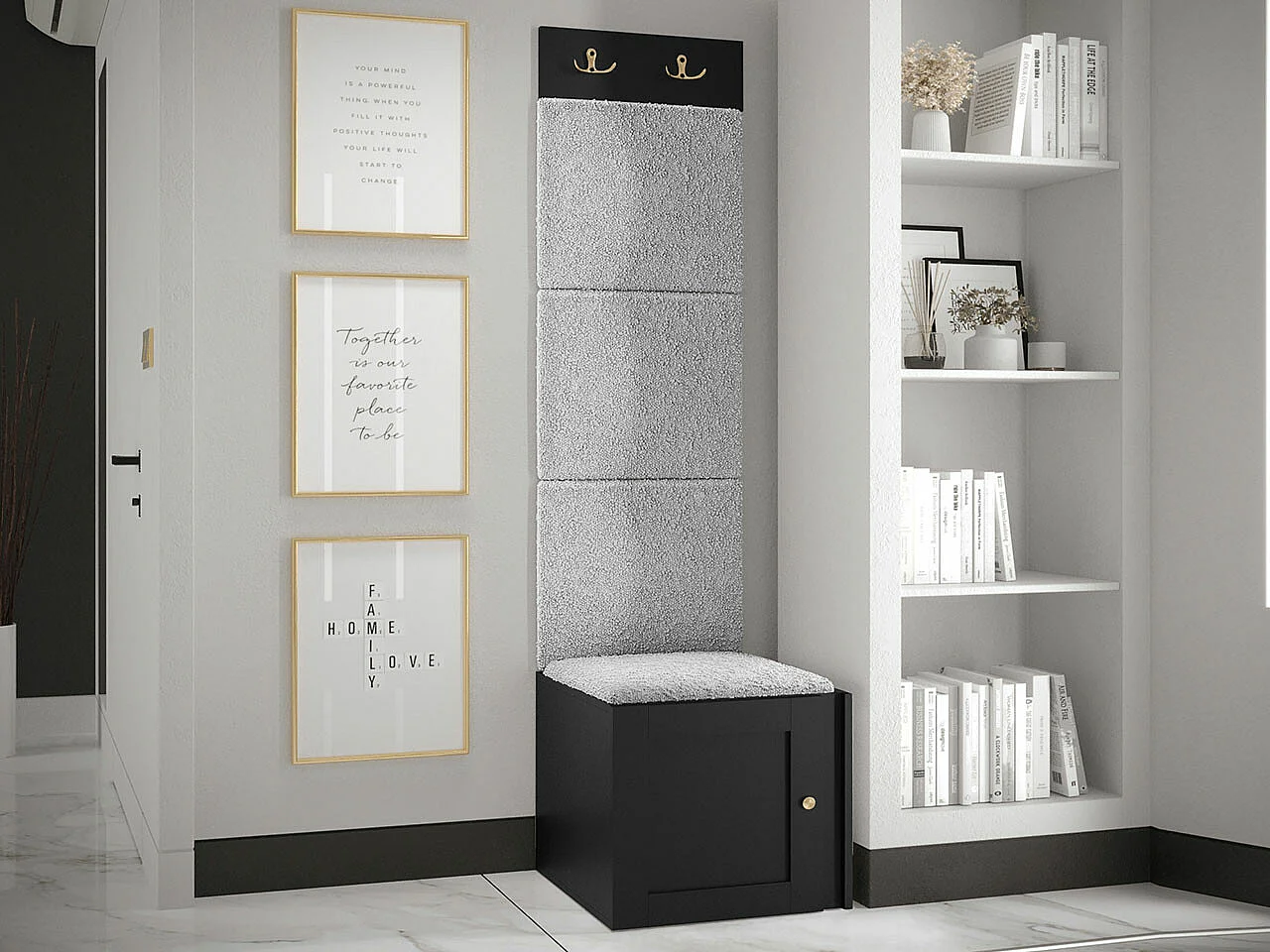 Meuble d'entrée Hartford 378, 186x42x46cm, Noir|Gris clair, MDF|Stratifié|Tissu