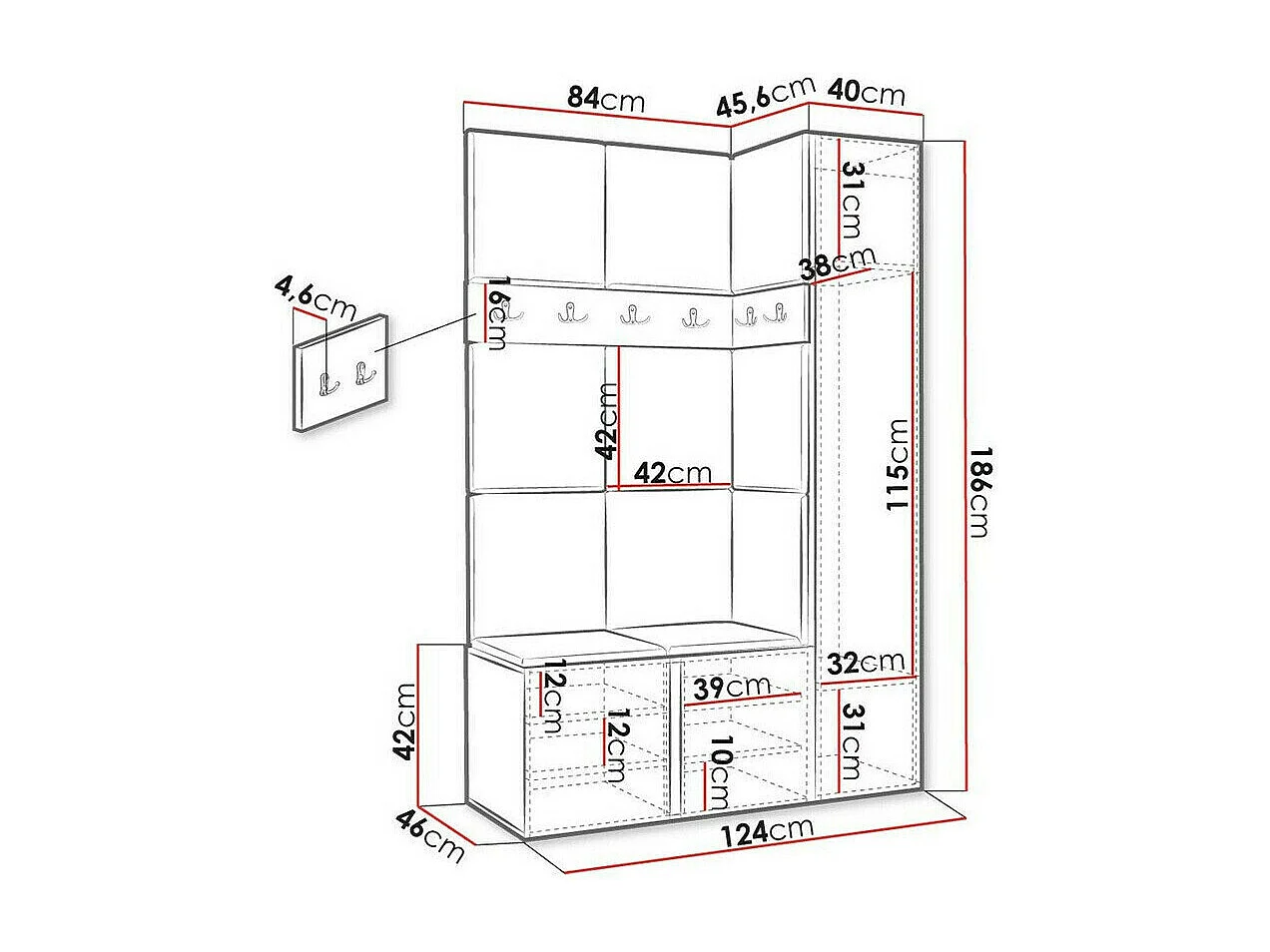 Meuble d'entrée Hartford 471, 186x124x44cm, Chêne Artisan, Faux cuir|Stratifié