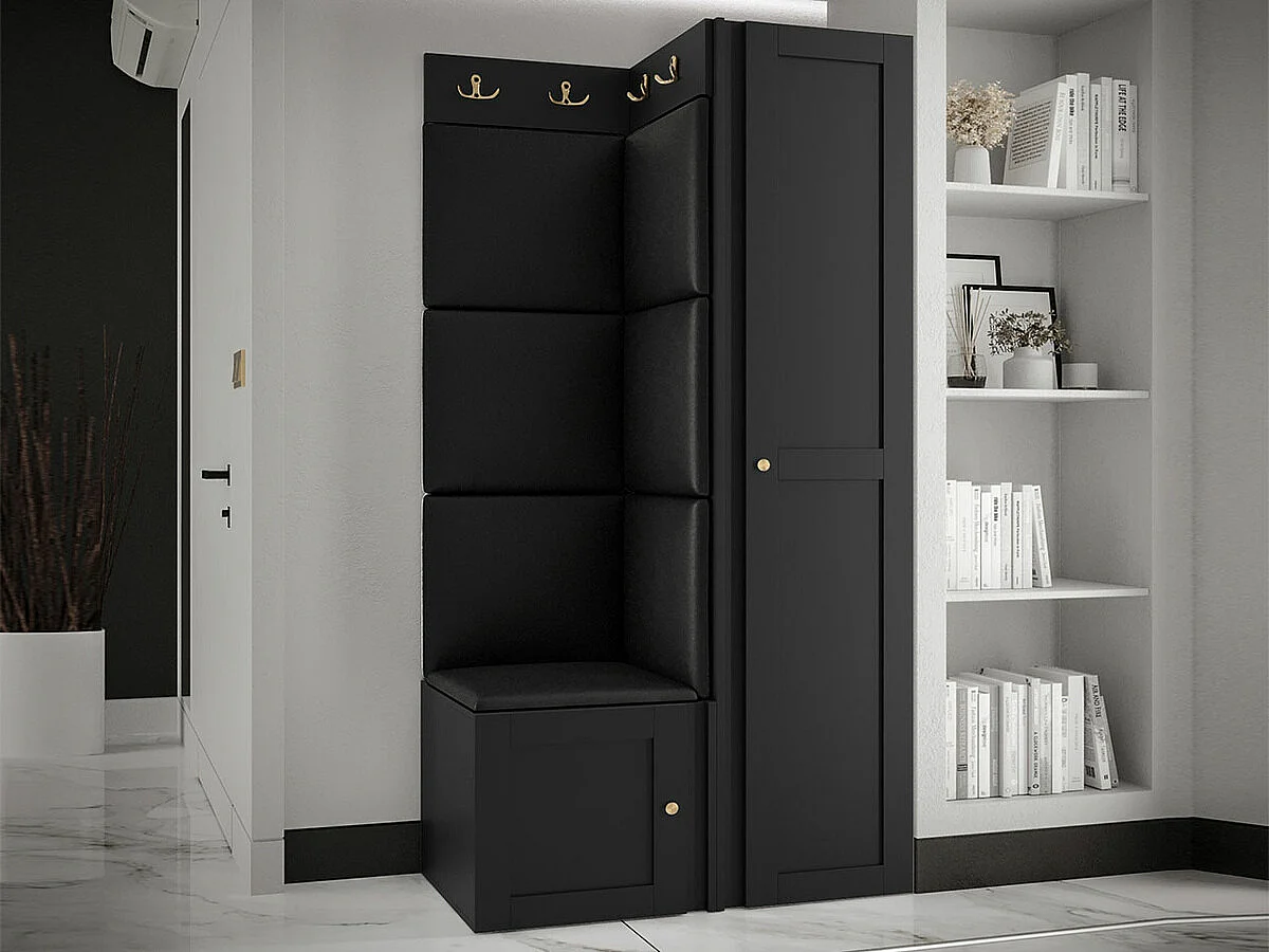 Meuble d'entrée Hartford 381, 186x82x46cm, Noir, Stratifié|Faux cuir|MDF, Murale|À poser