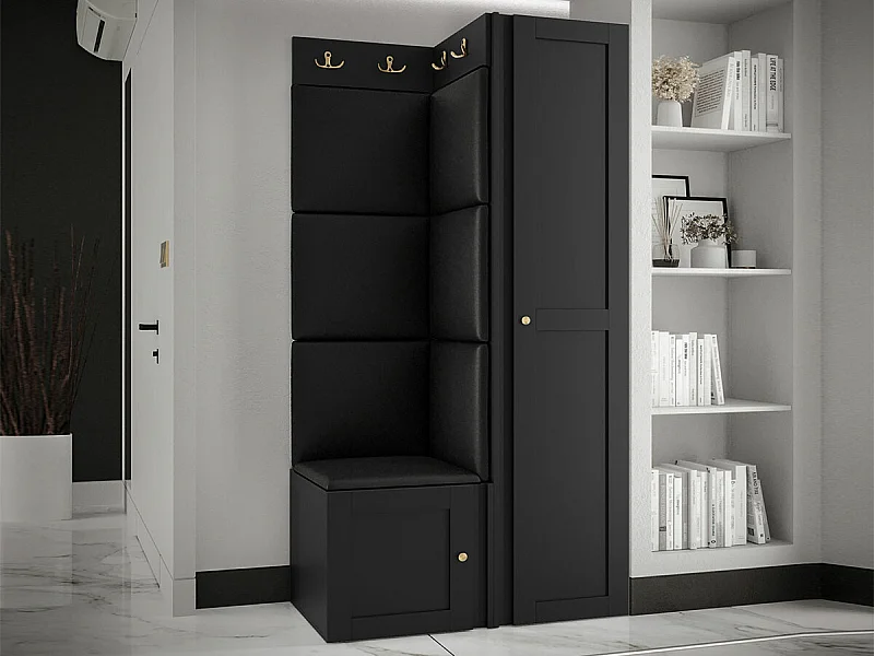 Meuble d'entrée Hartford 381, 186x82x46cm, Noir, Stratifié|Faux cuir|MDF, Murale|À poser