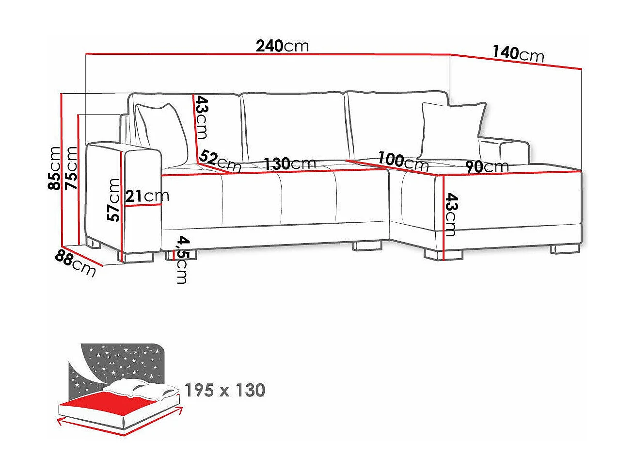 Canapé d'angle Columbus 103, Marron, Disponible, 240x140x85cm