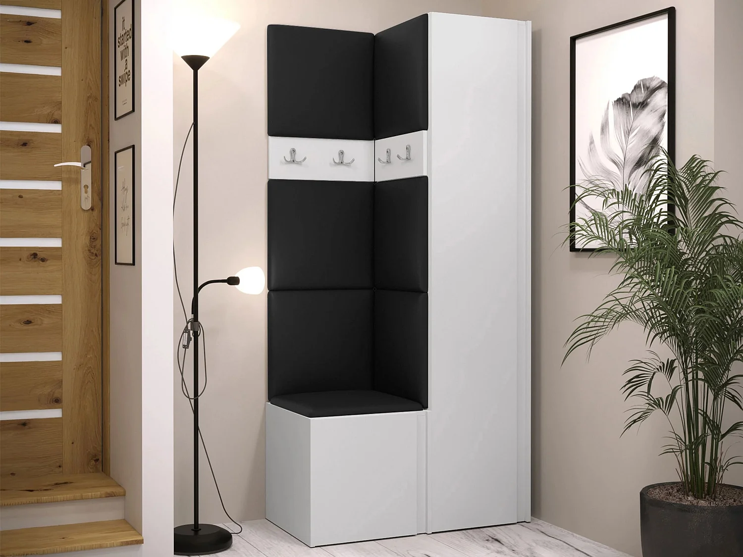 Meuble d'entrée Pinis XXIV, 186x82x46cm, Blanc, Stratifié|Faux cuir, À poser|Murale