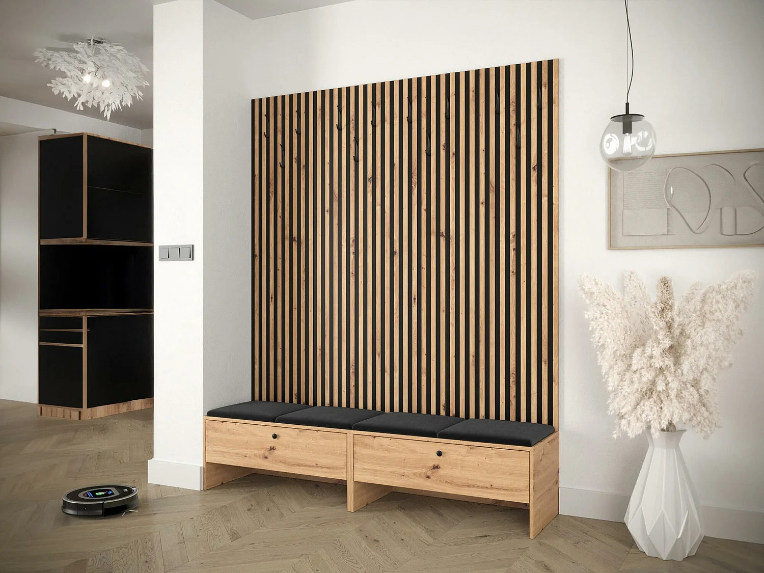 Meuble d'entrée Donio V, 206x170x44cm, Stratifié|Tissu, À poser