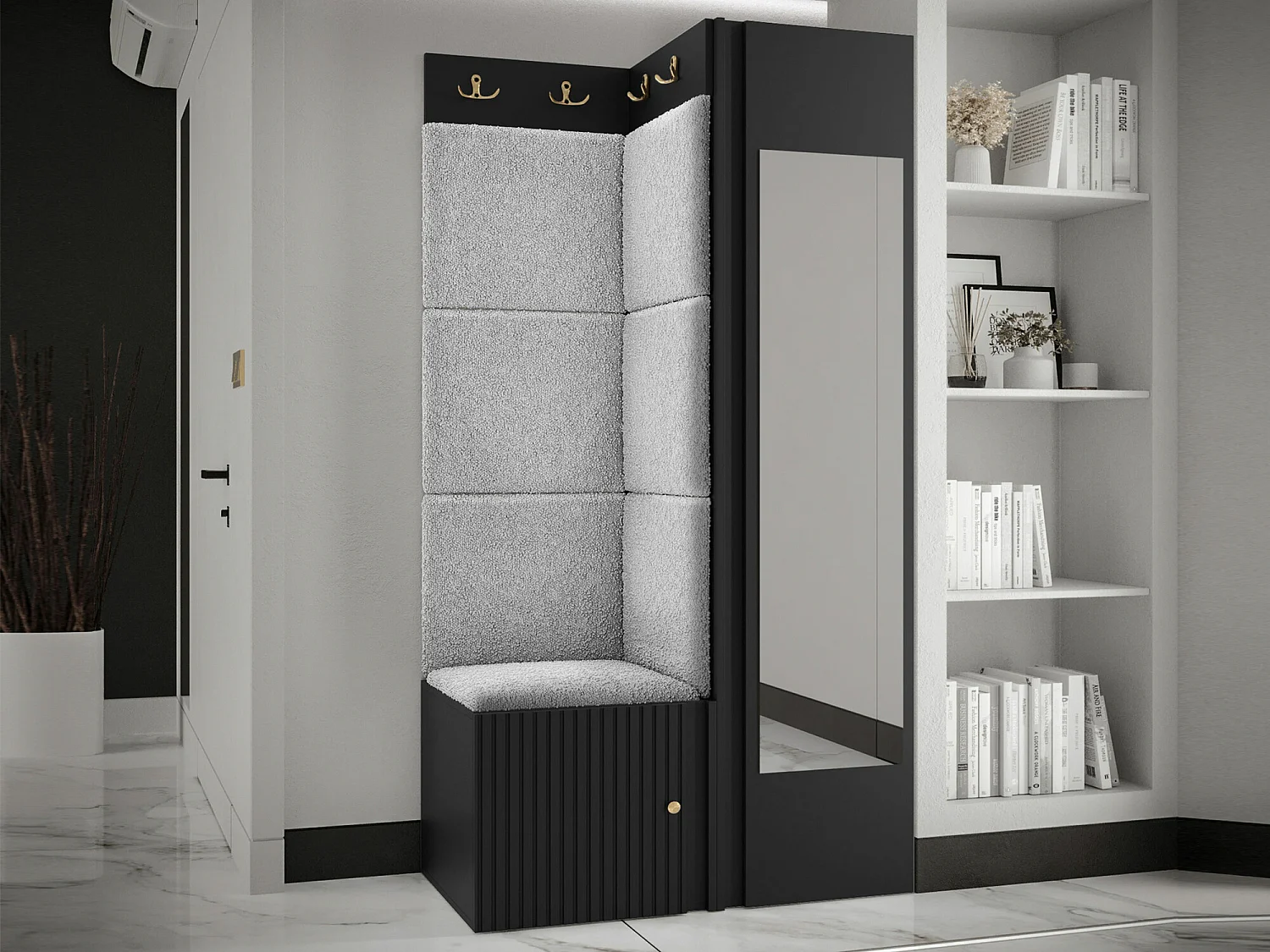 Meuble d'entrée Hartford 391, 186x82x46cm, Disponible, Gris clair|Noir, Stratifié|Tissu