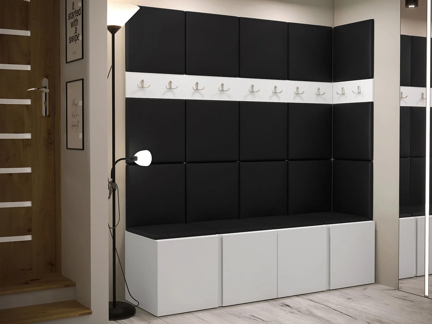 Meuble d'entrée Pinis II, 186x168x46cm, Blanc, Stratifié|Faux cuir, À poser|Murale