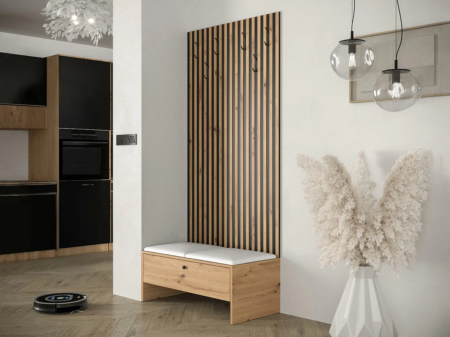 Meuble d'entrée Donio IV, 206x85x44cm, Chêne Artisan|Noir, Stratifié|Faux cuir, À poser