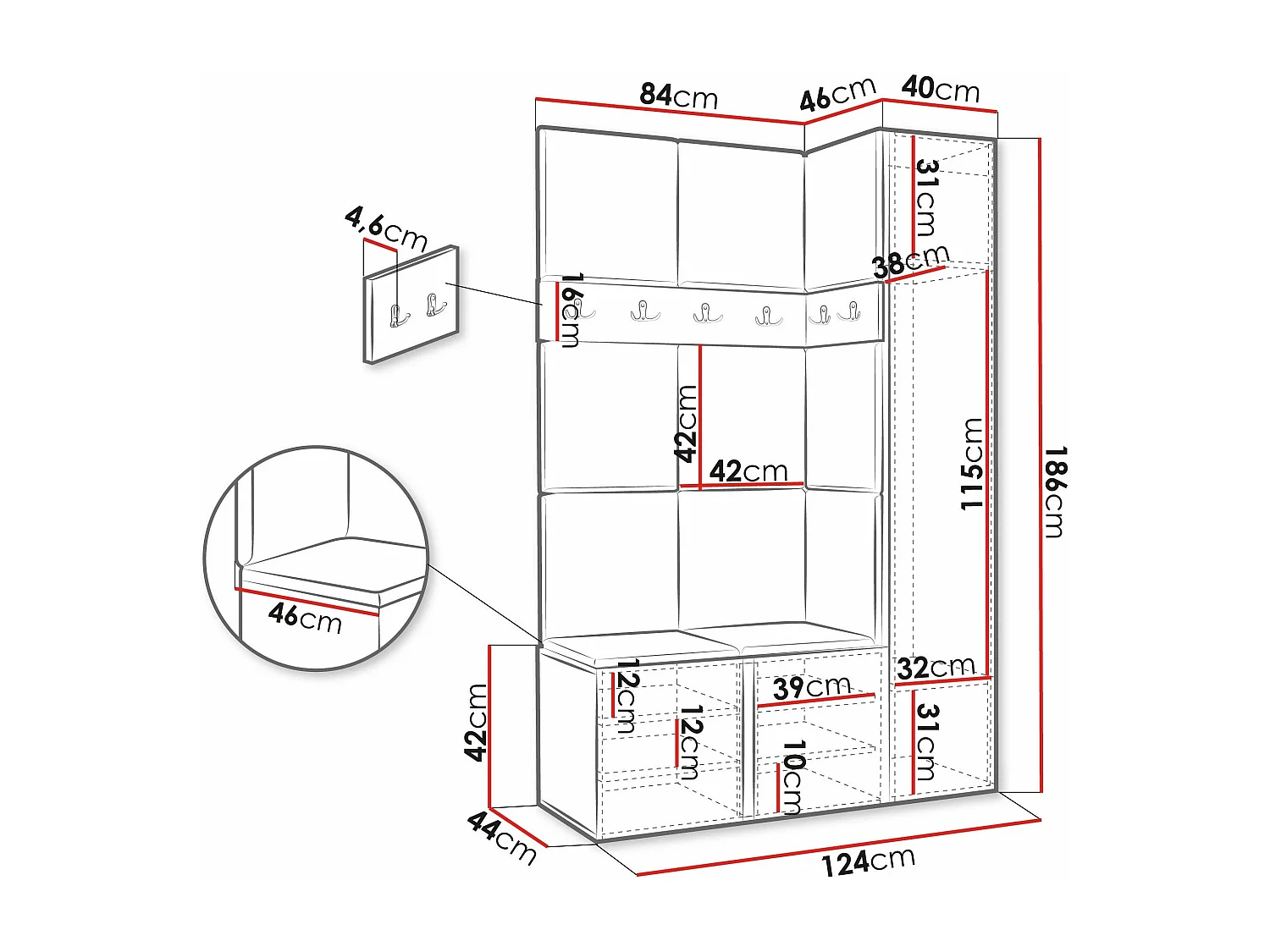 Meuble d'entrée Pinis IX, 186x124x46cm, Graphite, Stratifié|Faux cuir, Murale|À poser