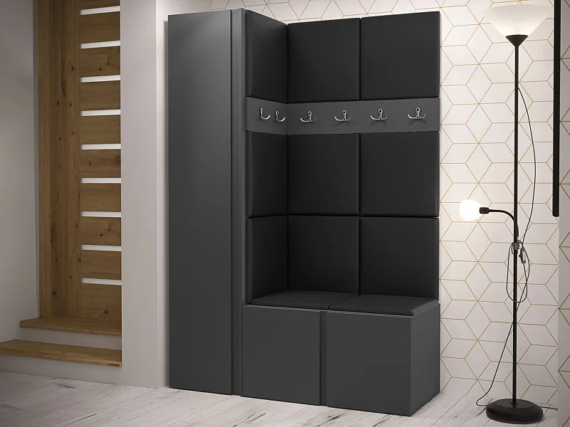 Meuble d'entrée Pinis IX, 186x124x46cm, Graphite, Stratifié|Faux cuir, À poser|Murale