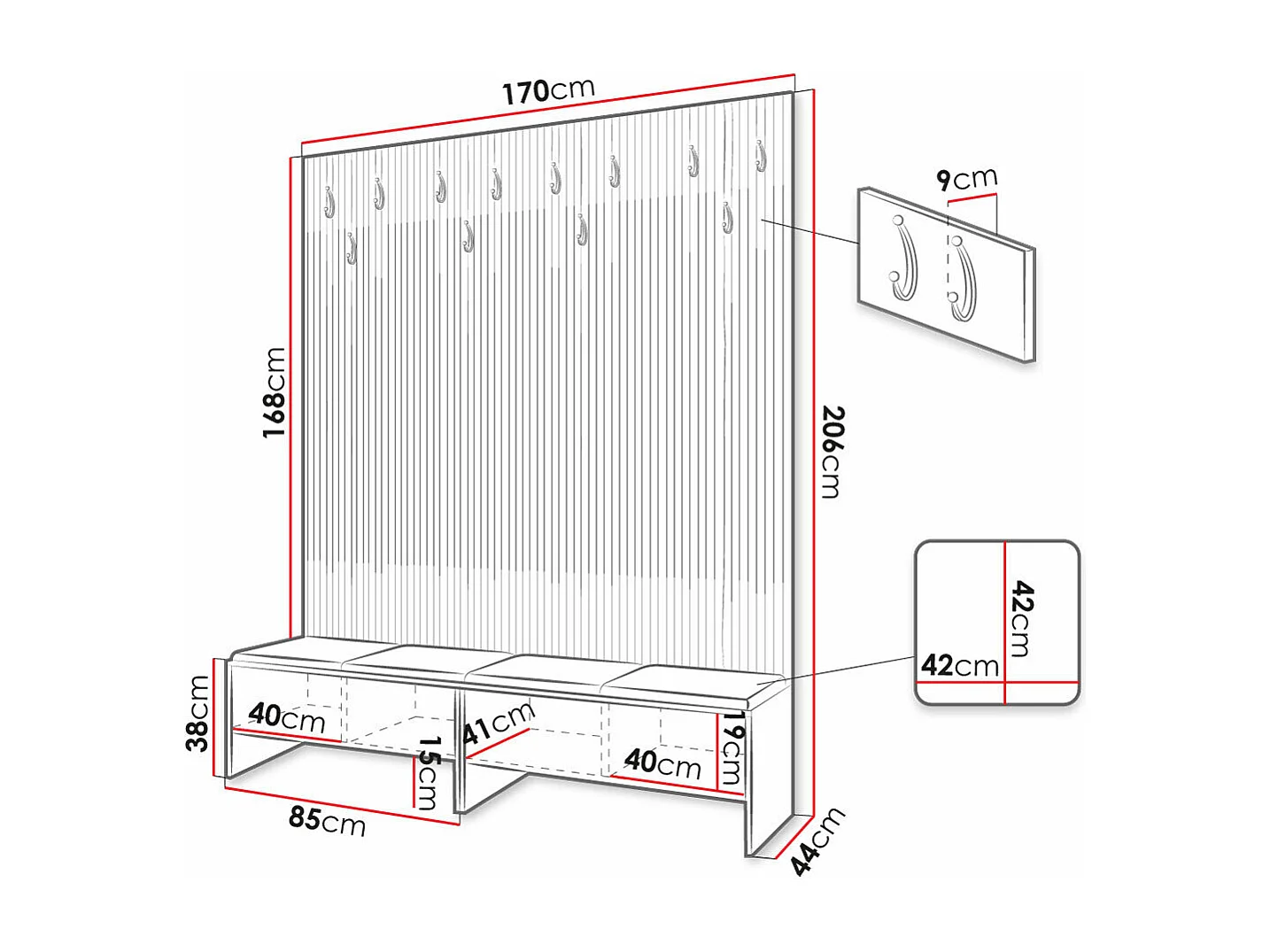 Meuble d'entrée Donio V, 206x170x44cm, Stratifié|Tissu, À poser