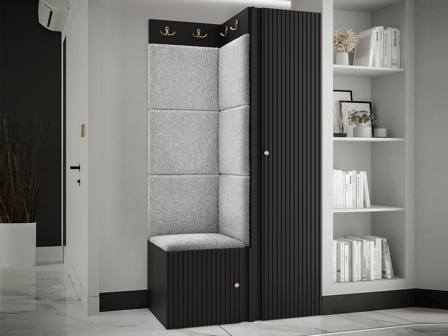 Meuble d'entrée Hartford 390, 186x82x46cm, Noir|Gris clair, Tissu|Stratifié
