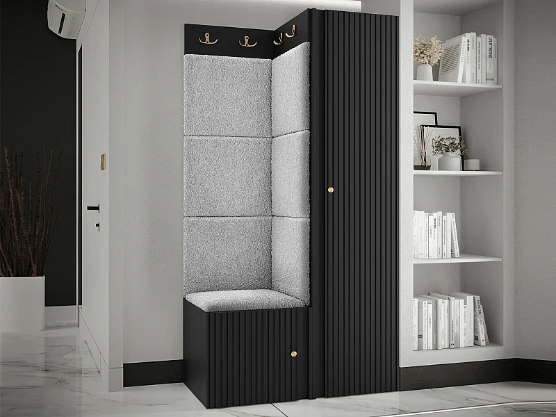 Meuble d'entrée Hartford 390, 186x82x46cm, Noir|Gris clair, Tissu|Stratifié