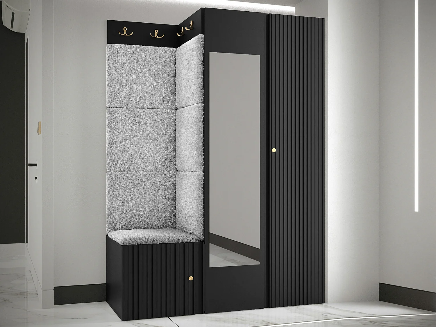 Meuble d'entrée Hartford 388, 186x116x46cm, Disponible, Gris clair|Noir, Stratifié|Tissu