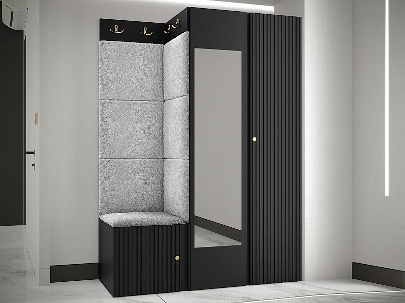 Meuble d'entrée Hartford 388, 186x116x46cm, Disponible, Noir|Gris clair, Tissu|Stratifié