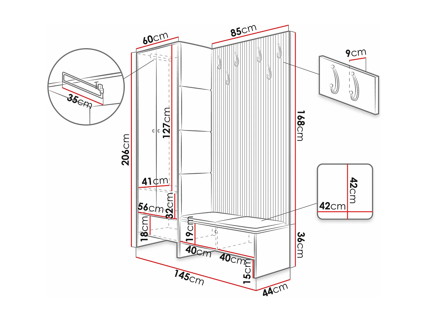 Meuble d'entrée Donio III, 206x145x44cm, Chêne Artisan|Noir, Tissu|Stratifié, À poser
