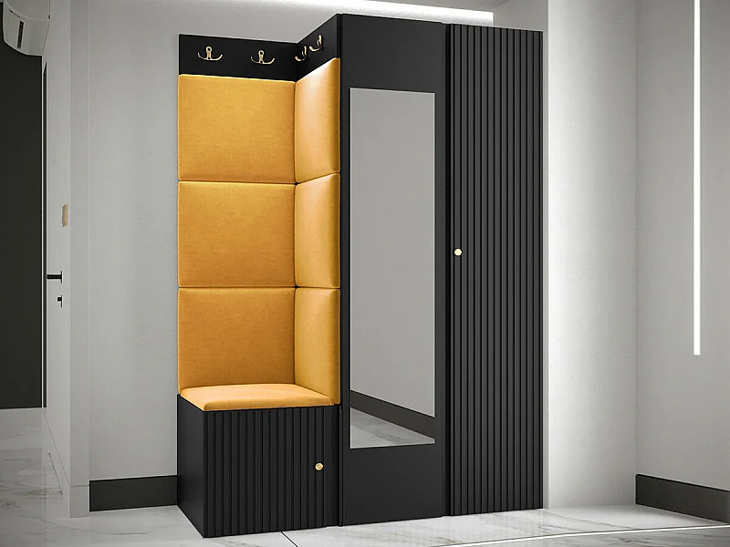 Meuble d'entrée Hartford 388, 186x116x46cm, Disponible, Noir|Jaune, Stratifié|Tissu|MDF