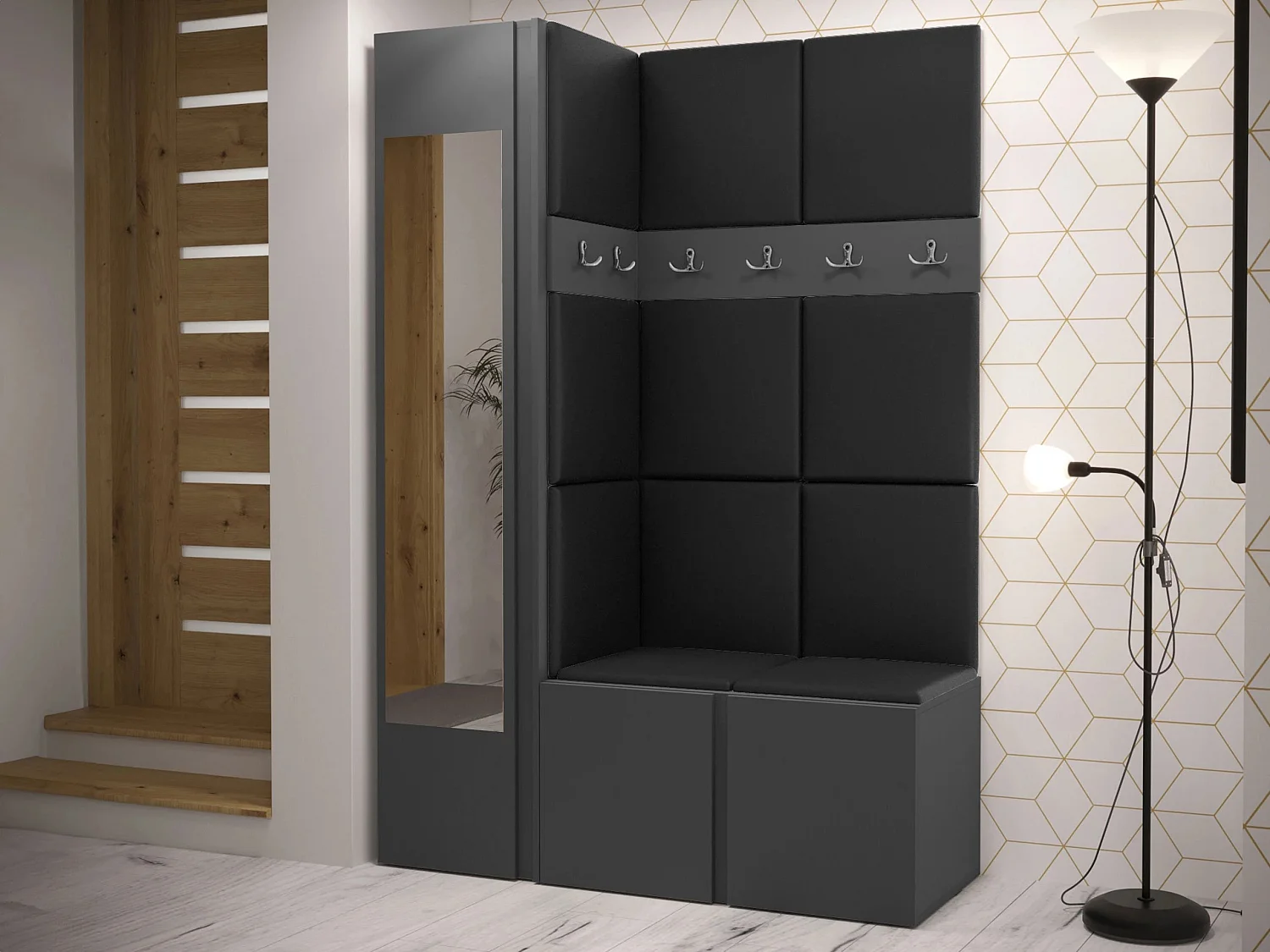 Meuble d'entrée Hartford 277, 186x124x46cm, Disponible, Graphite, Stratifié|Faux cuir