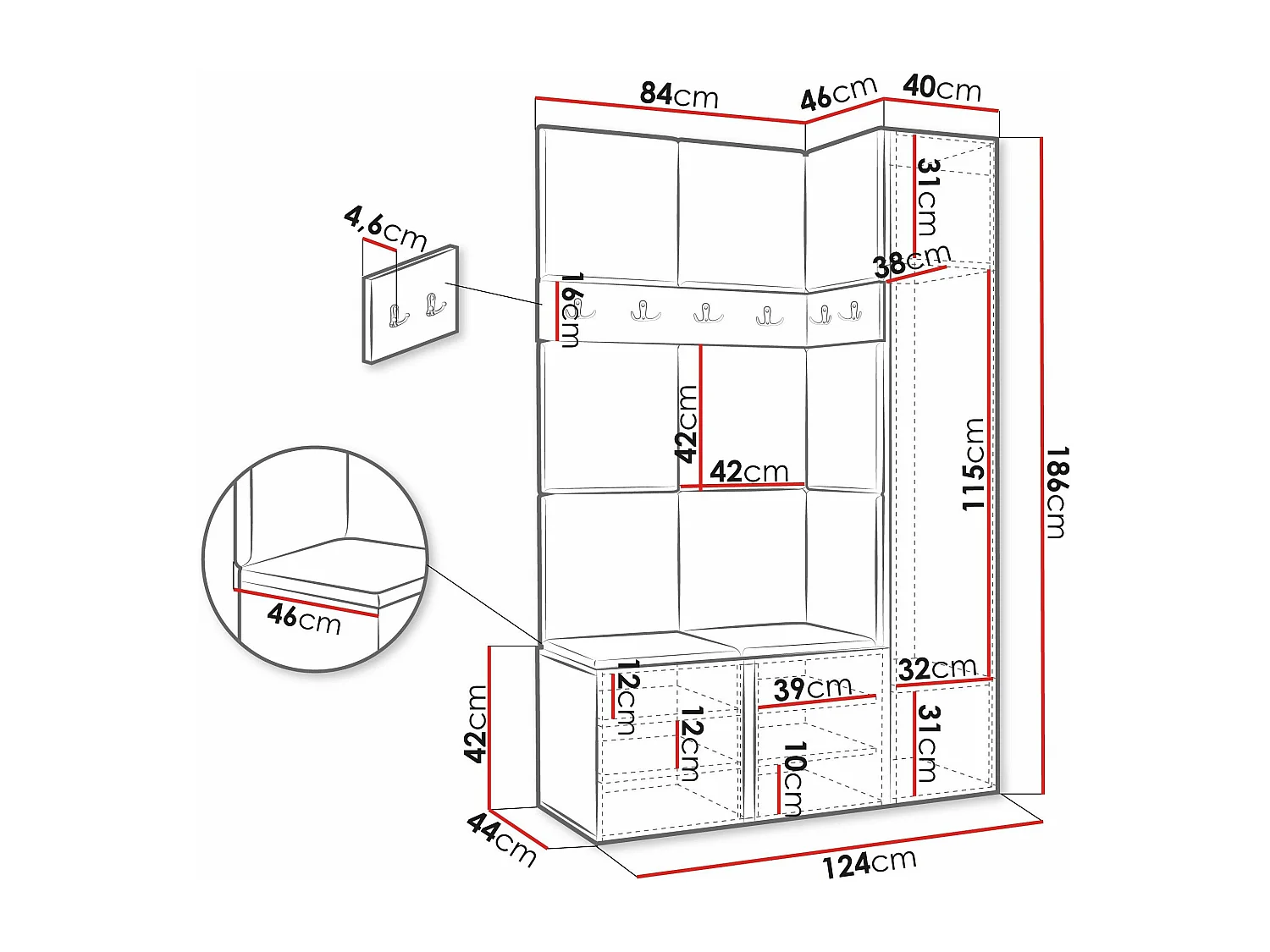 Meuble d'entrée Hartford 277, 186x124x46cm, Disponible, Graphite, Stratifié|Faux cuir
