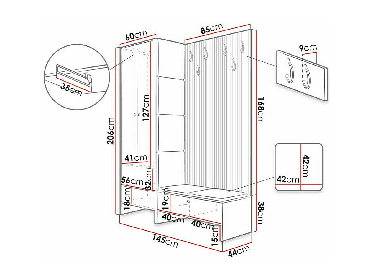 Meuble d'entrée Hartford 320, 206x145x44cm, Chêne Artisan|Noir, Stratifié|Tissu, À poser