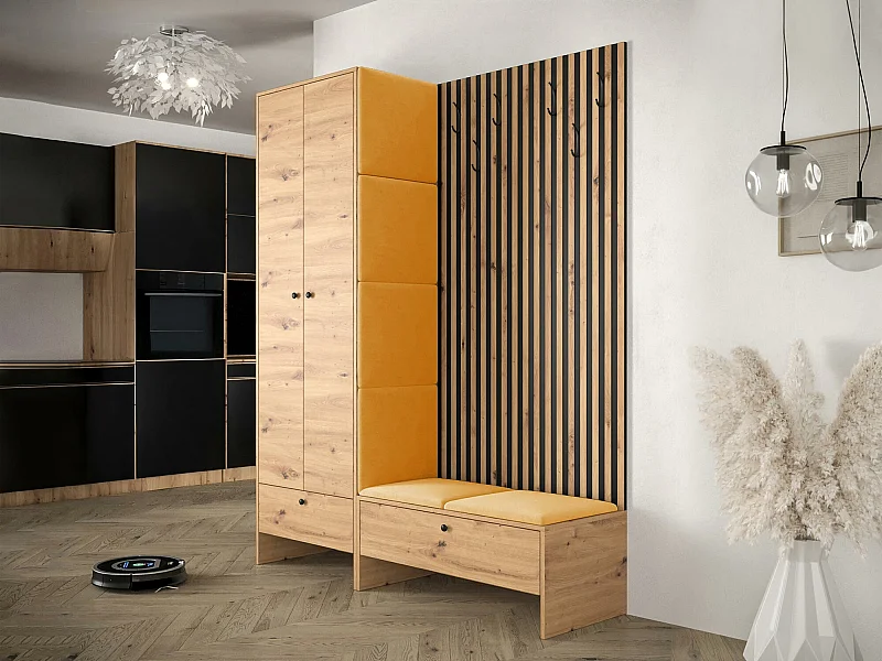 Meuble d'entrée Hartford 320, 206x145x44cm, Chêne Artisan|Noir, Stratifié|Tissu, À poser