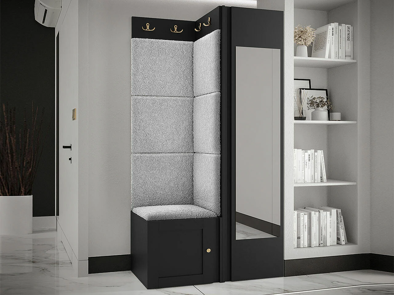 Meuble d'entrée Hartford 382, 186x82x46cm, Disponible, Noir|Gris clair, À poser|Murale