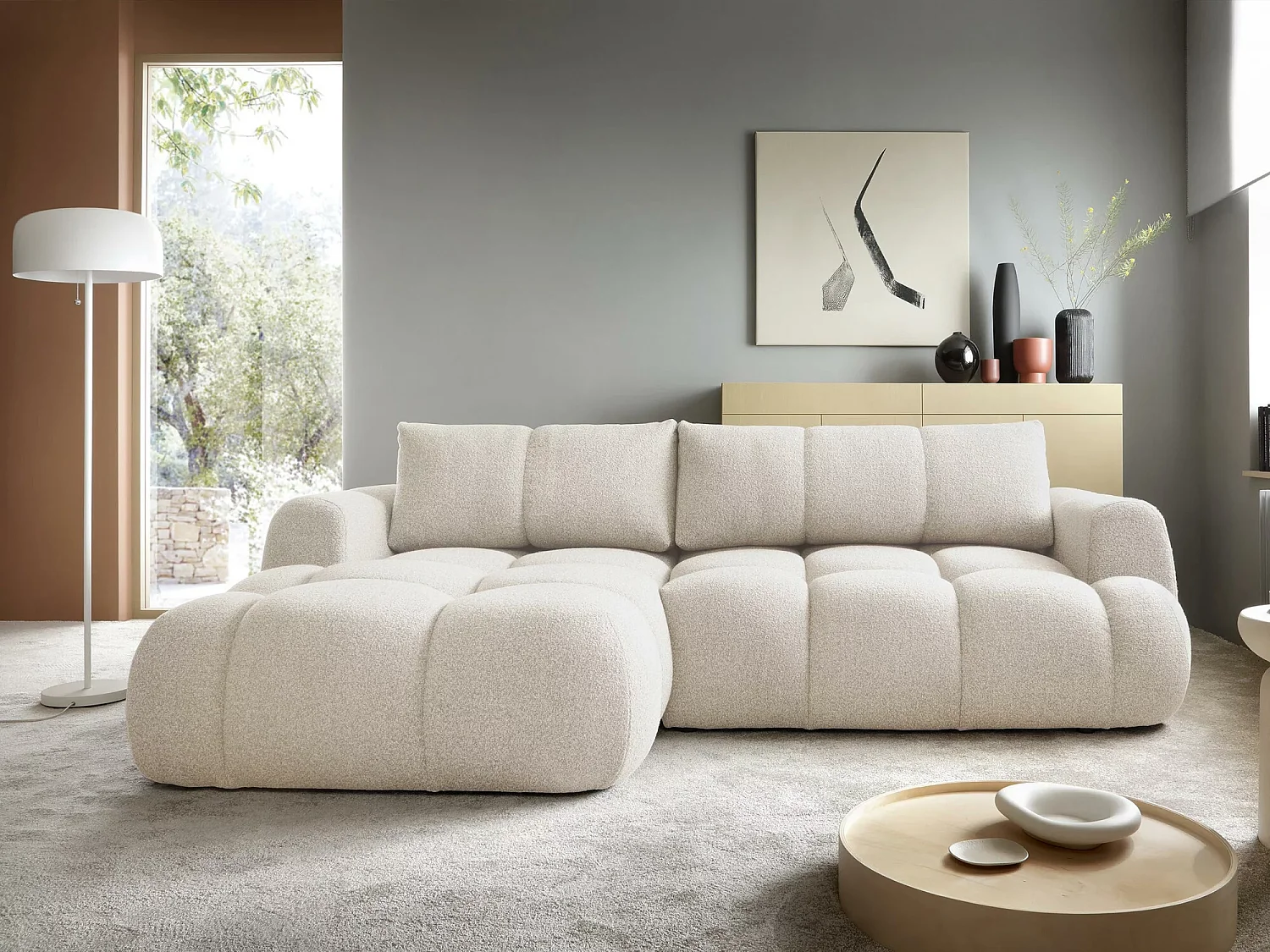 Sofá rinconero TrendyNest Ansera I, Crema, Función de descanso