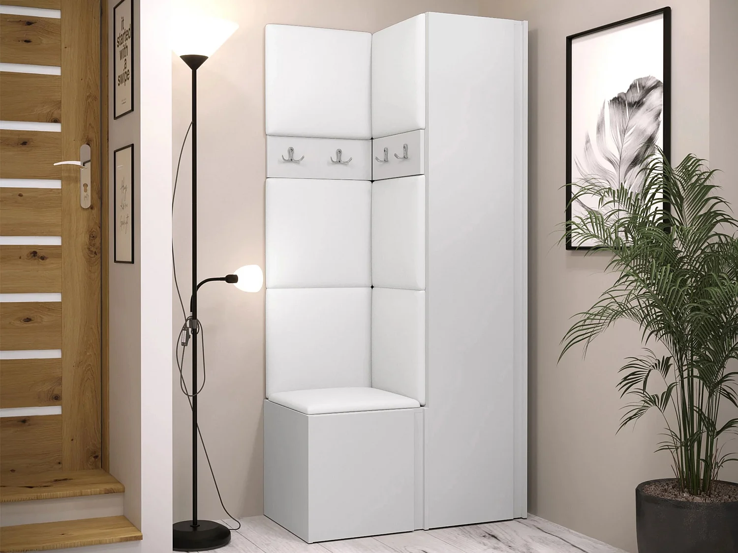 Meuble d'entrée Pinis XXIV, 186x82x46cm, Blanc, Stratifié|Faux cuir, À poser|Murale