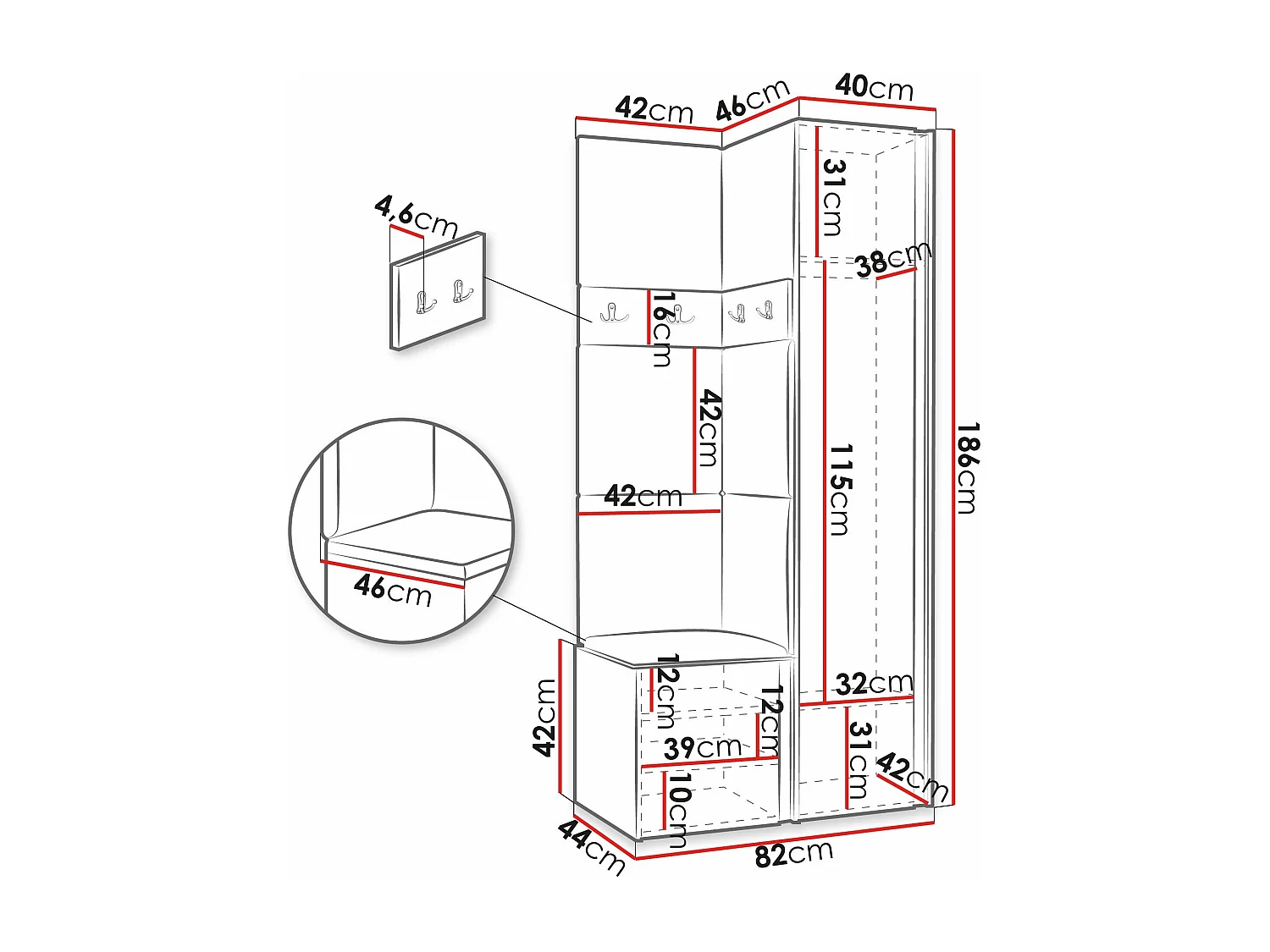 Meuble d'entrée Pinis XXIV, 186x82x46cm, Blanc, Stratifié|Faux cuir, À poser|Murale