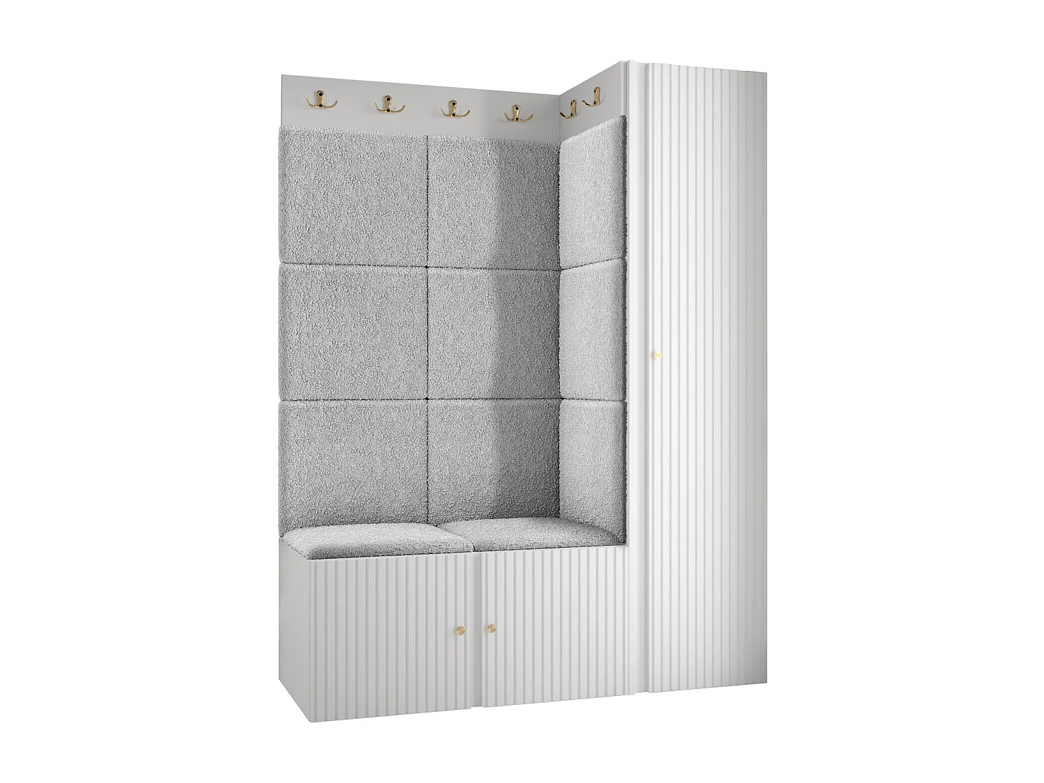 Meuble d'entrée Hartford 385, 186x124x46cm, Blanc|Gris clair, Stratifié|Tissu|MDF