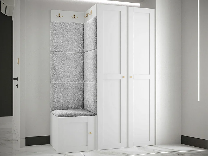 Meuble d'entrée Hartford 379, 186x116x46cm, Blanc|Gris clair, Stratifié|Tissu|MDF